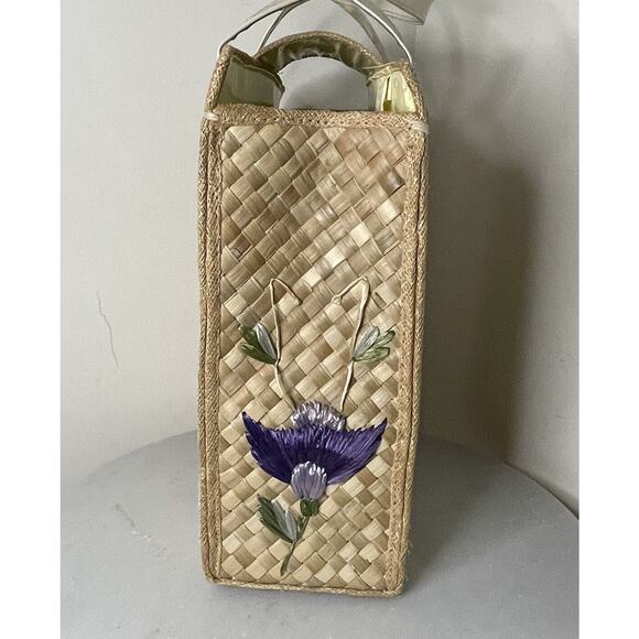 Vintage Handmade in Philippines Woven Straw Bag Pink Yellow Purple Flowers - Picture 5 of 12